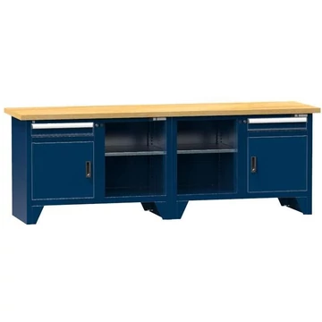 Munkapad, tömör bükk munkalap 2500 x 700 mm, 2 x fiók, 2 x szekrény, sötétkék színű RAL5010
