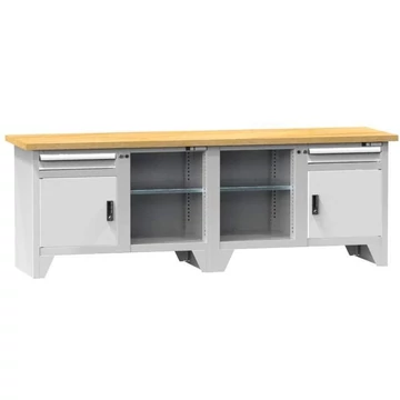 Munkapad, tömör bükk munkalap 2500 x 700 mm, 2 x fiók, 2 x szekrény, szürke színű RAL7035