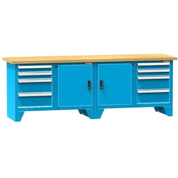 Munkaasztal, bükk multiplex munkalap 2500 x 700 mm, 8 x fiók, 2 x szekrény, kék színű RAL5012