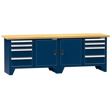 Munkapad, tömör bükk munkalap 2500 x 700 mm, 8 x fiók, 2 x szekrény, sötétkék színű RAL5010