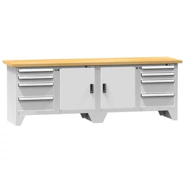 Munkapad, tömör bükk munkalap 2500 x 700 mm, 8 x fiók, 2 x szekrény, szürke színű RAL7035
