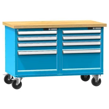 Munkaasztal 1200 x 700 mm, mobil, teherbírás 340 kg, 8 fiók, kék RAL5012