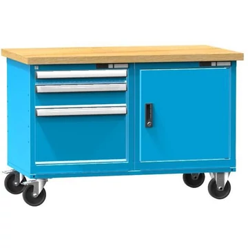 Munkaasztal 1200 x 700 mm, mobil, teherbírás 380 kg, 1 x ajtós szekrény, 3 fiók, kék RAL5012
