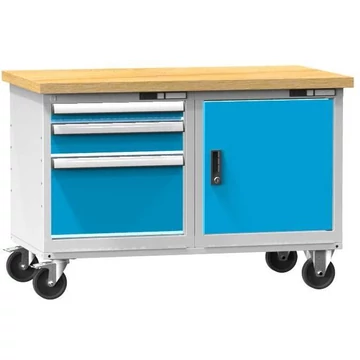 Munkaasztal 1200 x 700 mm, mobil, teherbírás 380 kg, 1x ajtós szekrény, 3 fiók, világosszürke RAL7035 / kék RAL5012