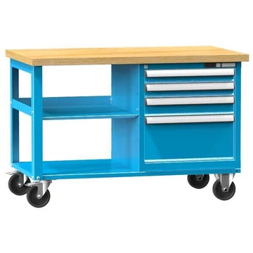 Munkaasztal 1200 x 700 mm, mobil, teherbírás 380 kg, 1 polc, 4 fiók, kék RAL5012