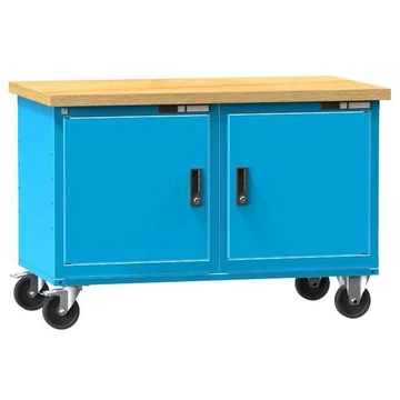 Munkaasztal 1200 x 700 mm, mobil, teherbírás 380 kg, 2 polc, 2 x ajtós szekrény, kék RAL5012