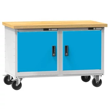 Munkaasztal 1200 x 700 mm, mobil, teherbírás 380 kg, 2 polc, 2 x ajtós szekrény, világosszürke RAL7035 / kék RAL5012