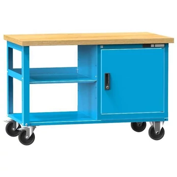 Munkaasztal 1200 x 700 mm, mobil, teherbírás 400 kg, 2 polc, 1 x ajtós szekrény, kék RAL5012