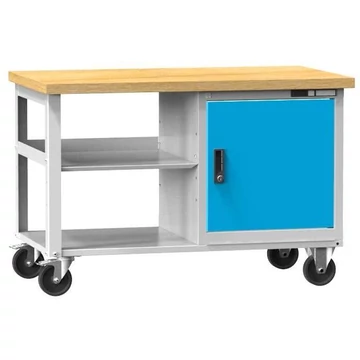Munkaasztal 1200 x 700 mm, mobil, teherbírás 400 kg, 2 polc, 1 x ajtós szekrény, világosszürke RAL7035 / kék RAL5012