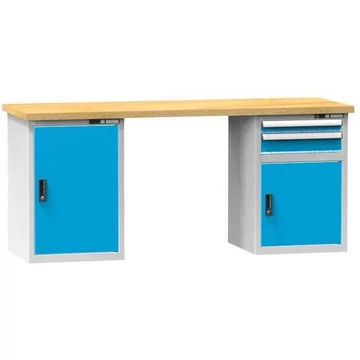 Munkaasztal KOMBI, sz x mé x ma: 2000x800x880, 2 alapszekrény, 2 fiók, szürke RAL7035 / kék RAL5012