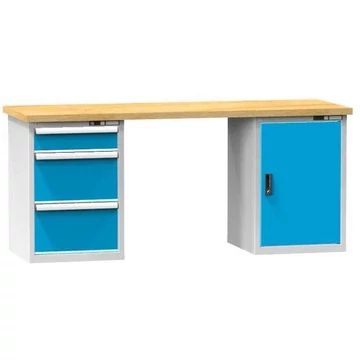 Munkaasztal KOMBI, sz x mé x ma: 2000x800x880, 2 alapszekrény, 3 fiók, szürke RAL7035 / kék RAL5012