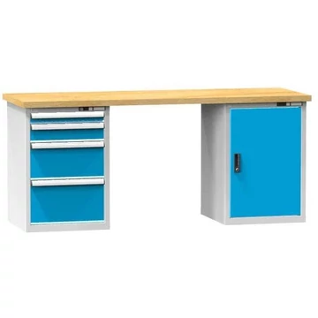 Munkaasztal KOMBI, sz x mé x ma: 2000x800x880, 2 alapszekrény, 4 fiók, szürke RAL7035 / kék RAL5012