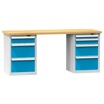 Munkaasztal KOMBI, szélesség x mélység x magasság: 2000x800x880, 2 alapszekrény, 7 fiók, szürke RAL7035 / kék RAL5012