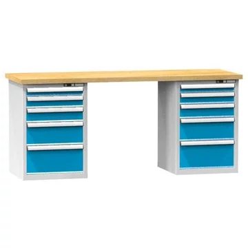 Munkapad KOMBI, sz x mé x ma: 2000x800x880, 2 alapszekrény, 10 fiók, szürke RAL7035 / kék RAL5012