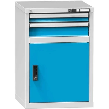 Fiókos műhelyszekrény KOMBI, ma x sz x mé: 840 x 578 x 600 mm, 1 x szárnyas ajtó, 2 x fiók, szürke RAL7035 / kék RAL5012