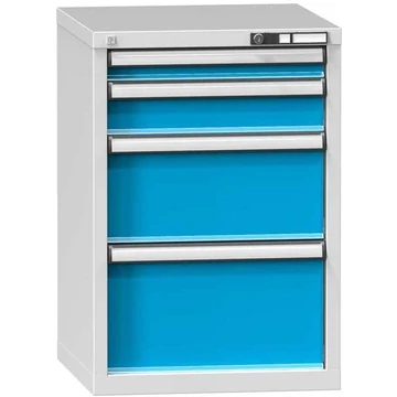 Fiókos műhelyszekrény KOMBI, ma x sz x mé: 840 x 578 x 600 mm, 4 x fiók, szürke RAL7035 / kék RAL5012