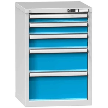 Fiókos műhelyszekrény KOMBI, ma x sz x mé: 840 x 578 x 600 mm, 5 x fiók, szürke RAL7035 / kék RAL5012