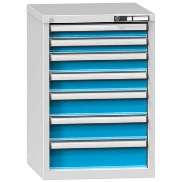 Fiókos műhelyszekrény, ma x sz x mé: 840 x 578 x 600 mm, 7 x fiók, szürke RAL7035 / kék RAL5012