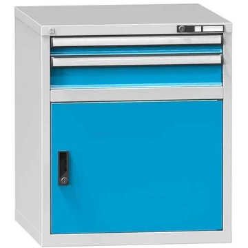 Fiókos műhelyszekrény KOMBI, ma x sz x mé: 840 x 731 x 753 mm, 1 x szárnyas ajtó, 2 x fiók, szürke RAL7035 / kék RAL5012