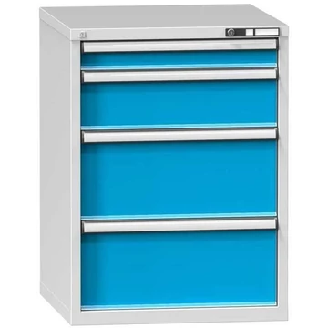 Fiókos műhelyszekrény, ma x sz x mé: 990 x 731 x 753 mm, 4 x fiók, szürke színű RAL7035 / kék RAL5012