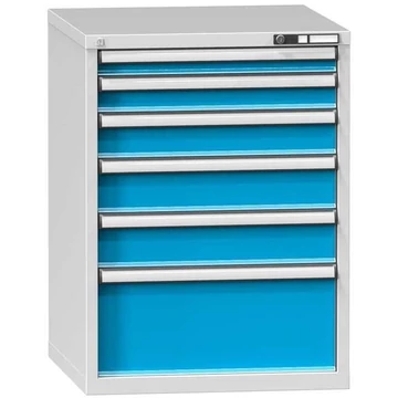 Fiókos műhelyszekrény, ma x sz x mé: 990 x 731 x 600 mm, 6 x fiók, szürke színű RAL7035 / kék RAL5012