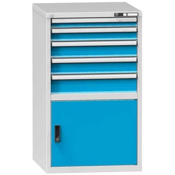 Fiókos műhelyszekrény, Max SzéxMé: 1200 x 731 x 600 mm, 5 x fiók, 1 x szekrény, szín szürke RAL7035 / kék RAL5012
