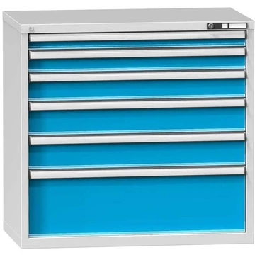 Fiókos műhelyszekrény, ma x sz x mé: 990 x 1037 x 600 mm, 6 x fiók, szürke színű RAL7035 / kék RAL5012