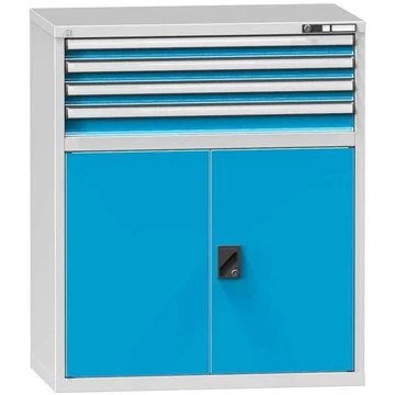 Fiókos műhelyszekrény, ma x sz x mé: 1200 x 1037 x 600 mm, 4 x fiók, 1 x szekrény, szürke színű RAL7035 / kék RAL5012