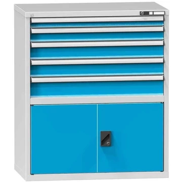 Fiókos műhelyszekrény, ma x sz x mé: 1200 x 1037 x 600 mm, 5 x fiók, 1 x szekrény, szürke színű RAL7035 / kék RAL5012