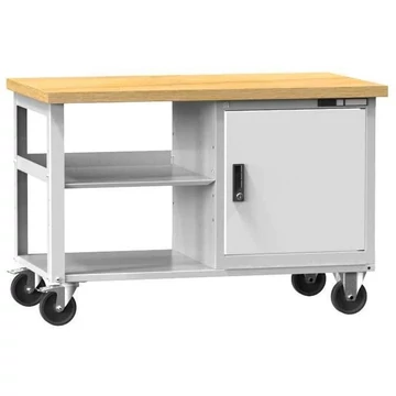 Munkaasztal 1200 x 700 mm, mobil, teherbírás 400 kg, 2 polc, 1 x ajtós szekrény, világosszürke RAL7035
