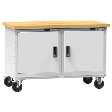 Munkaasztal 1200 x 700 mm, mobil, teherbírás 380 kg, 2 polc, 2 x ajtós szekrény, világosszürke RAL7035