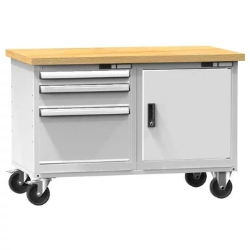 Munkaasztal 1200 x 700 mm, mobil, teherbírás 380 kg, 1x ajtós szekrény, 3 fiók, világosszürke RAL7035