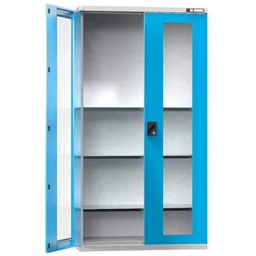 Műhelyszekrény, ma x sz x mé: 1950 x 1044 x 405 mm, ablaküveg ajtók, 3 x polc 100 kg, szín világosszürke RAL7035 / kék RAL5012