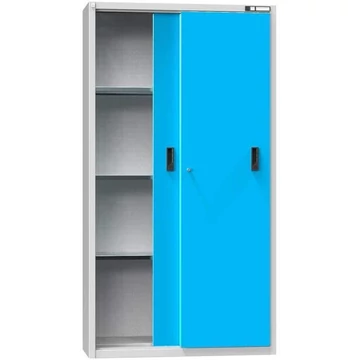 Műhelyszekrény, ma x sz x mé: 1950 x 1044 x 405 mm, tolóajtók, 3 x polc 100 kg, színe világosszürke RAL7035 / kék RAL5012
