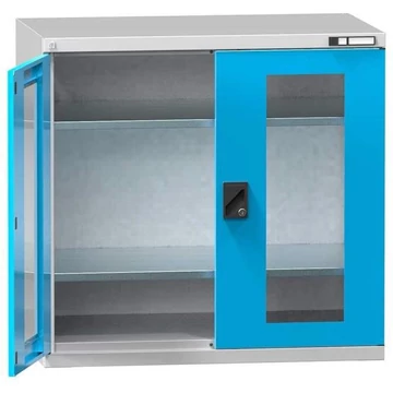 Műhelyszekrény, ma x sz x mé: 1000 x 1044 x 625 mm, ablakos ajtó, 2 x polc, 100 kg, szín világosszürke RAL7035 / kék RAL5012