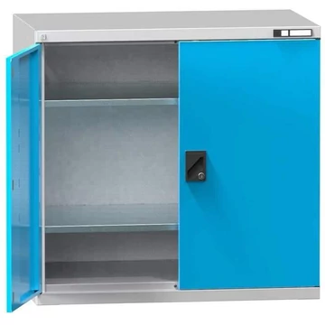 Műhelyszekrény, ma x sz x mé: 1000 x 1044 x 625 mm, szárnyas ajtók, 2 x polc, 100 kg, színe világosszürke RAL7035 / kék RAL5012