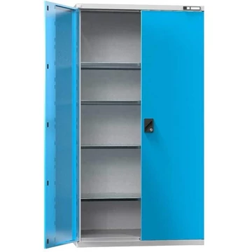 Műhelyszekrény, ma x sz x mé: 1950 x 1044 x 625 mm, szárnyas ajtók, 4 x polc 100 kg, színe világosszürke RAL7035 / kék RAL5012