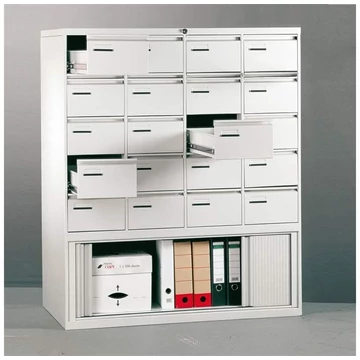 Iratszekrény A5 kartoték formátumhoz, 20 fiók + redőnyös alsó szekrény, ma x sz x mé: 1350x1122x590 mm, szürke RAL7035