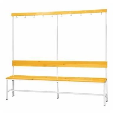Ruhatári pad 10 kabátkampóval és tömörfa lécekből készült üléssel, hossza 2000 mm