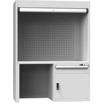 Tesztelő és ellenőrző munkaállomás, sz x mé x ma: 1462x753x1969 mm, 1x fiók, 1 x rekeszszekrény, ajtó színe világosszürke RAL7035