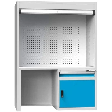 Tesztelő és ellenőrző munkaállomás, sz x mé x ma: 1462x753x1969 mm, 1x fiók, 1 x rekeszszekrény, ajtó színe világoskék RAL5012