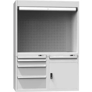 Tesztelő és ellenőrző munkaállomás, sz x mé x ma: 1462x753x2069 mm, 5x fiók, 1 x rekeszszekrény, ajtó színe világosszürke RAL7035