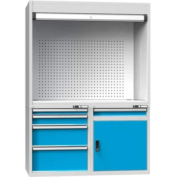 Tesztelő és ellenőrző munkaállomás, sz x mé x ma: 1462x753x2069 mm, 5x fiók, 1 x rekeszszekrény, ajtó színe világoskék RAL 5012