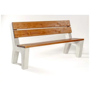 Parkpad támlával, vasbeton vázzal és tömörfa lécekkel, hossza 1,5 m, padlóhoz rögzítés előkészítve