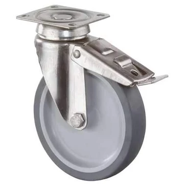 Beálló készülékgörgő fékkel, rozsdamentes acélvilla, átm. 125 mm, lemezzel, teherbírása 70 kg