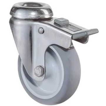 Beálló készülékgörgő fékkel, rozsdamentes acélvilla, átm. 50 mm, csavarlyukkal, terhelés 40 kg