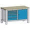 Műhelyasztal TECHNO, kettes modul, szélesség 1400 mm, 5 fiók, szekrény, színe világosszürke RAL7035 / kék RAL5012.